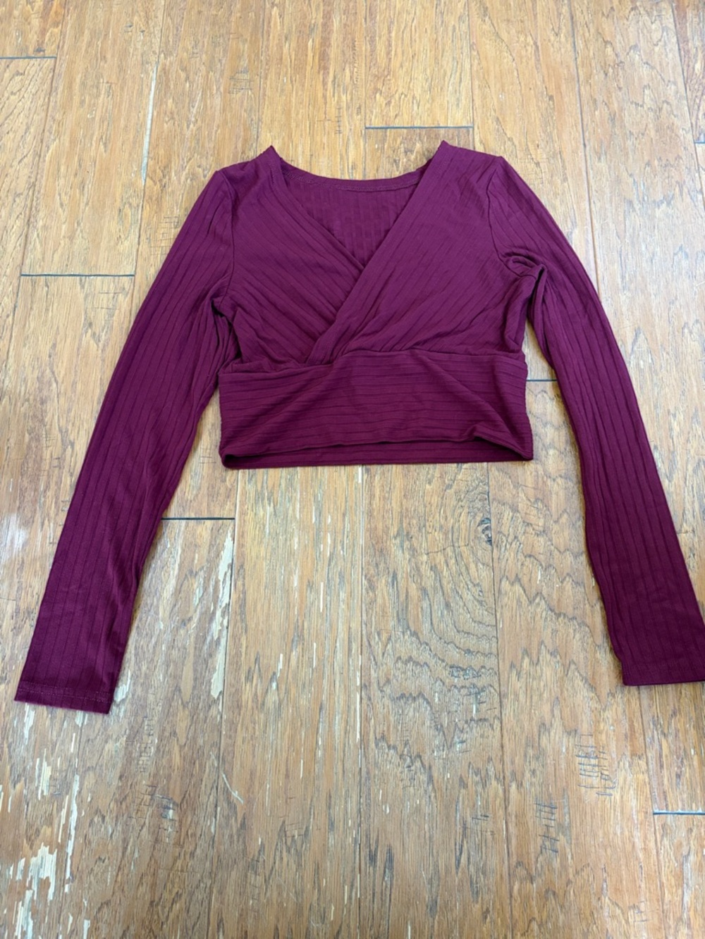 SHEIN Burgundy Ribbed Faux-Wrap Long Sleeve Crop Top